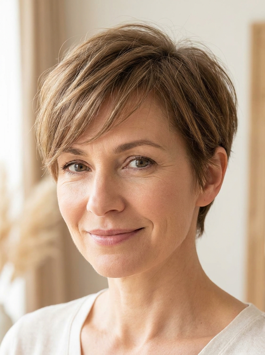Pixie mit längerem Seitenpony als Frisuren für dünne Haare Inspiration 2026